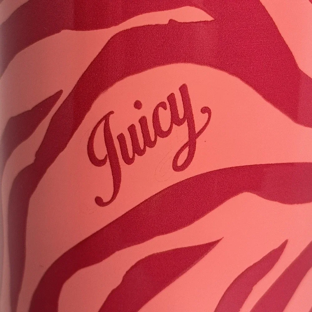 Juicy Couture Pink Zebra Print Stainless Steel Tumbler 24oz Heart Straw Cup